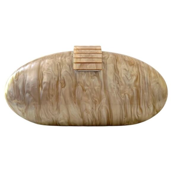 Acrylic Pearlescent Purse Clamshell Tan Cream Gold Chain Clutch Bag Chic - Picture 2 of 10